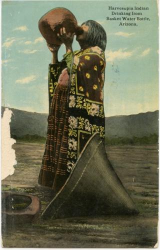 Arizona Postcards-Havasupia woman drinking from traditional water bottle
